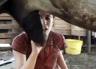 Brunette eagerly licks that huge cock